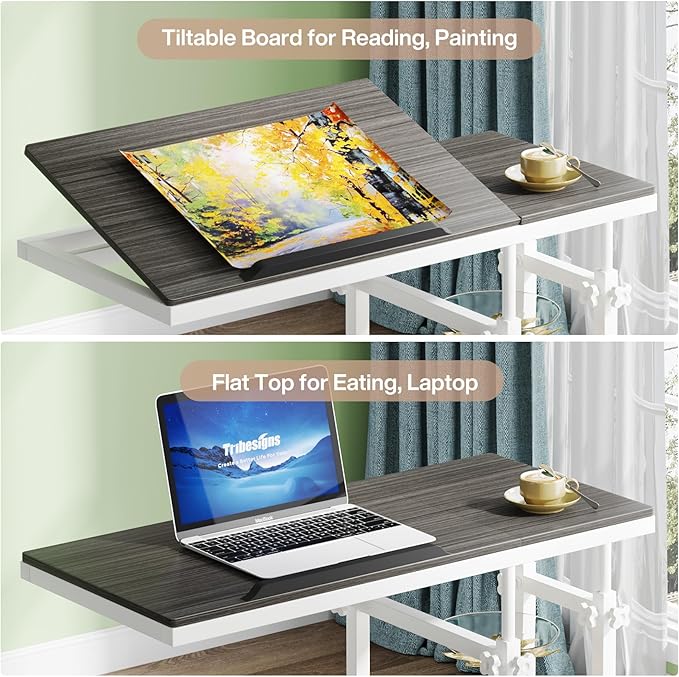 Tribesigns Height Adjustable C Table with Wheels, Mobile Couch Snack Side Table with Tiltable Drawing Board, Sofa Bedside Laptop Stand C Shaped TV Tray with Storage Shelves (Grey+White)