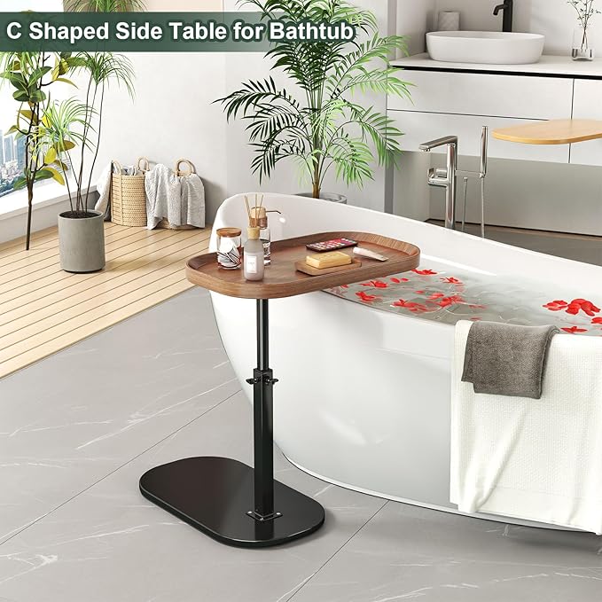 Adjustable Height C Shaped End Table with Wheels,360°Swivel Side Table, Top Tilting Laptop Stand TV Table for Sofa/Bed, Couch Tables that Slide under,Small Coffee Table for Living Room (walnut A)