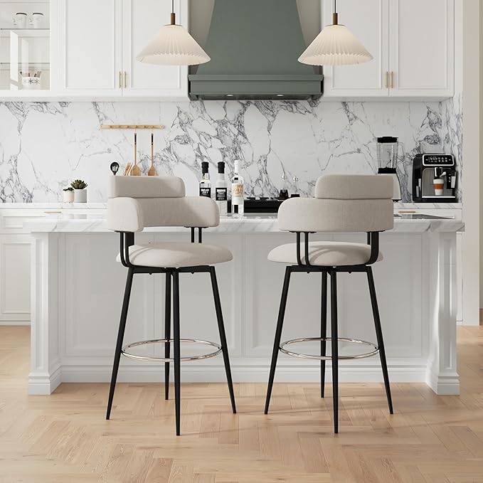Swivel Bar Stools Set of 2, Counter Height Bar Stools with Ergonomic Full Back, Upholstered Linen Fabric Barstools with Chrome Metal Footrest for Kitchen Island, Dining Room