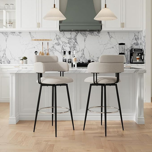 Swivel Bar Stools Set of 2, Counter Height Bar Stools with Ergonomic Full Back, Upholstered Linen Fabric Barstools with Chrome Metal Footrest for Kitchen Island, Dining Room
