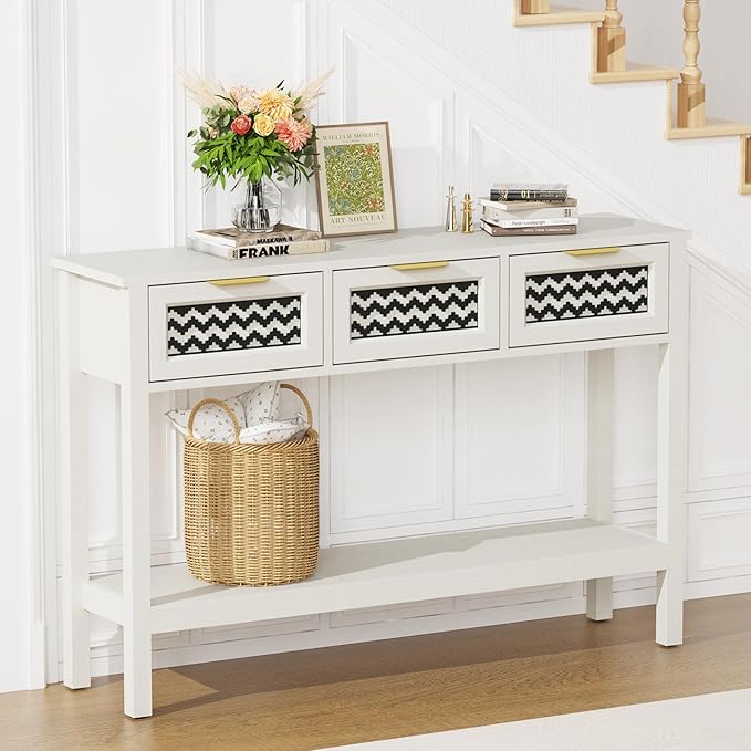 Entryway Table, Boho Console Table with 3 Storage Drawers and Storage Shelf, Sofa Table with Socket, for Entryway, Living Room, Behind Couch and Hallway (White)