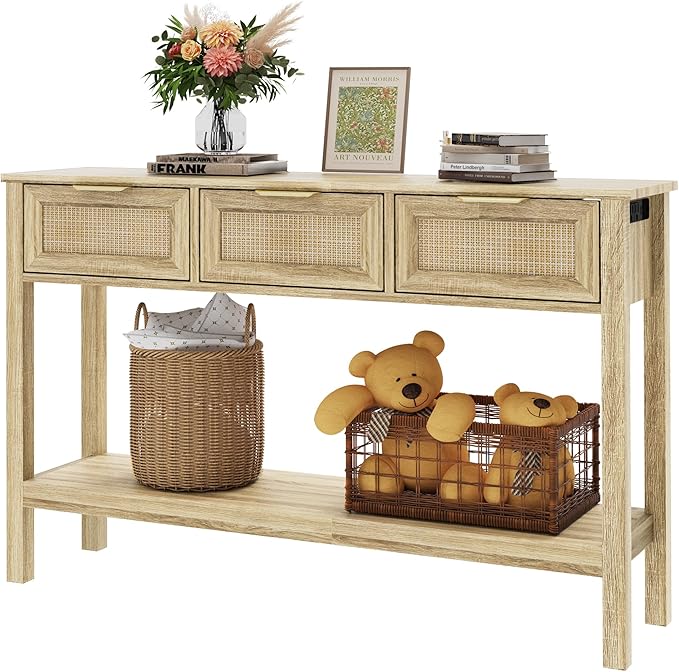 Entryway Table, Rattan Console Table with 3 Storage Drawers and Storage Shelf, Sofa Table with Socket, for Entryway, Living Room, Behind Couch and Hallway (Natural Wood)