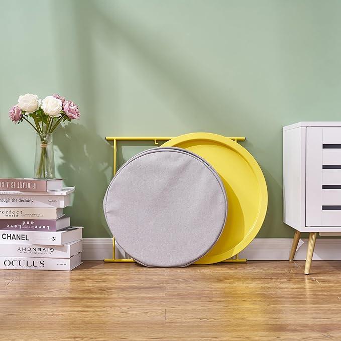 VECELO Round Side/End Table with Fabric Storage Basket，Metal Anti-Rust and Waterproof Small Bedside Nightstand with Removable Tray Top for Living Room，Balcony & Laundry，Yellow /2pcs with Basket