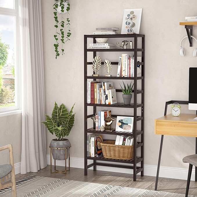 Homykic 6-Tier Bamboo Bookshelves and Bookcases, Adjustable 63.4”Tall Shallow Book Shelf Organizer Rack, Freestanding Storage Shelving Unit for Living Room, Kitchen, Bathroom, Office, Espresso