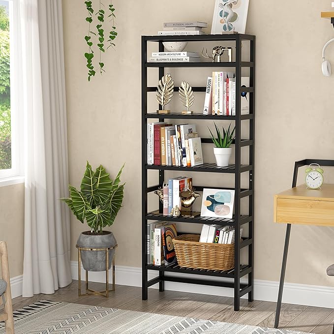 Homykic 6-Tier Bamboo Bookshelves and Bookcases, Adjustable 63.4”Tall Shallow Book Shelf Organizer Rack, Freestanding Storage Shelving Unit for Living Room, Kitchen, Bathroom, Office, Black