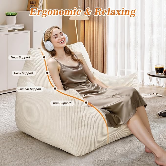 Big Bean Bag Chair for Adults & Kids, Ultra Soft Living Room Bean Bag with Armrests, Stuffed BeanBag Floor Sofa for Napping, Gaming, Lounging, Beige
