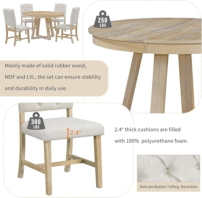 5 Pieces Dining Table Set with 42" Table,Living Room Furniture W/ 4 Upholstered Chairs,Tabletop Can be Adjusted from Round to Oval in Shape,for Restaurant,Home Bistro,Natural