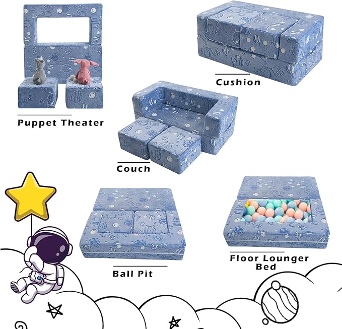 MeMoreCool Glow in The Dark Space Kids Modular Play Couch, Blue Fold-Out Foam Lounge Chair Sofa for Girls and Boys, Bedroom and Playroom