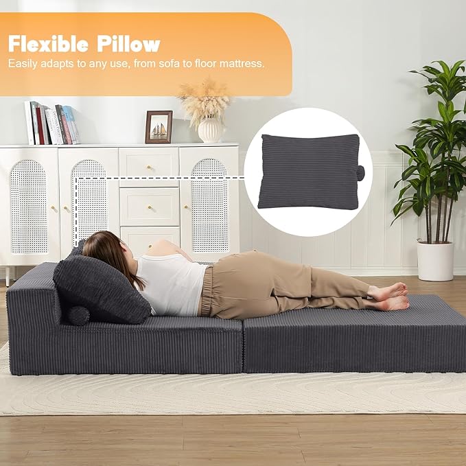MeMoreCool Convertible Sofa Bed Foldable Boneless Couch, Folding Sleeper Chair Bed with L-Shaped Armrest, Comfy Floor Lounge Couch for Adults, Fold Out Single Sofa Chair Futon for Indoor Bedroom
