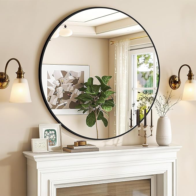 Round Mirror Black Frame 28 Inch Mirror Living Room Round Bathroom Mirrors Frosted Metal Frame Anti-Rust Tempered Glass for Bathroom Living Room Decorative