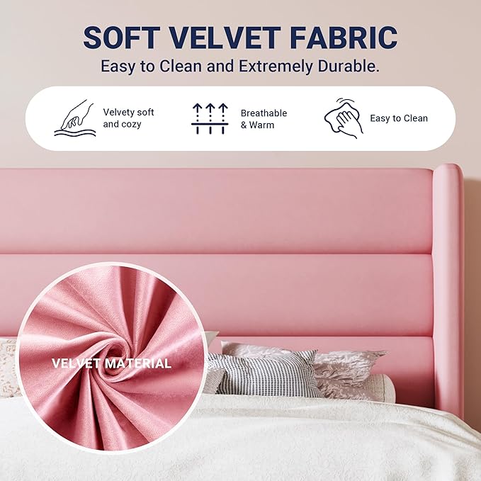 Allewie Full Size Platform Bed Frame with Velvet Upholstered Wingback Headboard, No Box Spring Needed, Under Bed Storage Space, Strong Wooden Slats, Modern Mattress Foundation, Easy Assembly, Pink