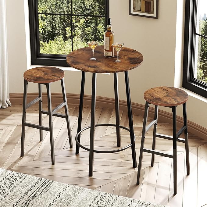 Bar Stools, Set of 2 Round Bar Chairs with Footrest, 28 Inch Kitchen Breakfast Bar Chairs, Industrial Bar Stools, Easy Assembly, for Dining Room, Kitchen, Rustic Brown BAHR02701