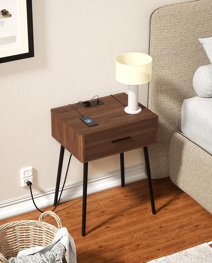 HAIOOU Set of 2 Mid Century Nightstand with Charging Station, End Table Modern Side Table One Drawer with Premium Matte Black Handle and Pine Wood Legs for Home Bedroom Living Room (NS003X)