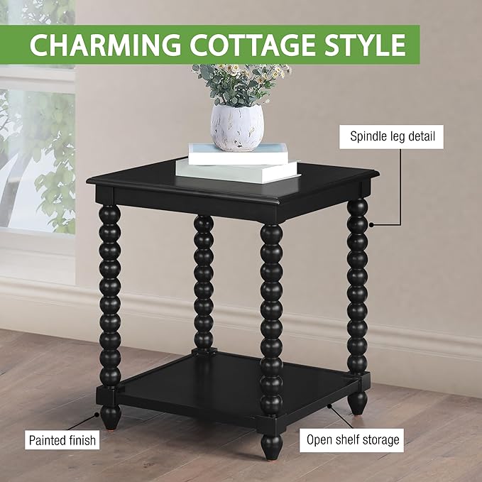 OSP Home Furnishings Elise Cottage Style Table with Spindle Legs, Open Storage Shelf, End Table, Black Finish