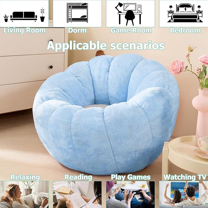 Pumpkin Bean Bag Sofa Chair, Bean Bag Chair with Filler for Teens, Kids, Toddler, Comfy and Lazy Sofa for Dorm, Apartment, Living Room and Bedroom, Sky Blue