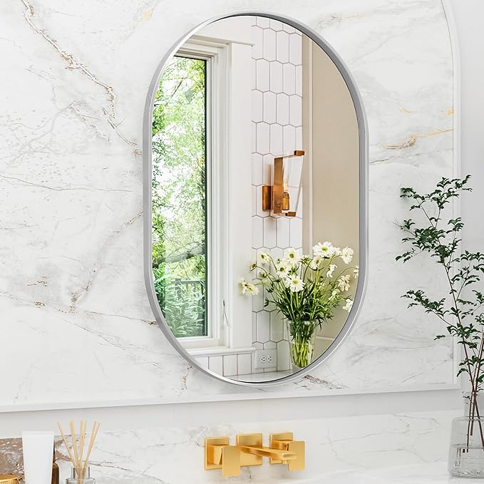 Suidia 22" x 30" Bathroom Mirror, Bathroom Vanity Mirror Metal Framed, Wall-Mounted Mirrors for Bedroom, Living Room, Entryway, Hallway, Silver, Oval Style