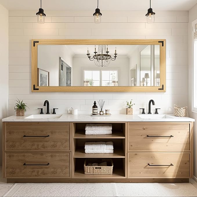 Full Length Mirror with Wooden Frame, 56"X22" Solid Wood Standing Floor Mirror for Farmhouse, Bathroom, Bedroom Decor, Hanging or Leaning Wall-Mounted(Natural)
