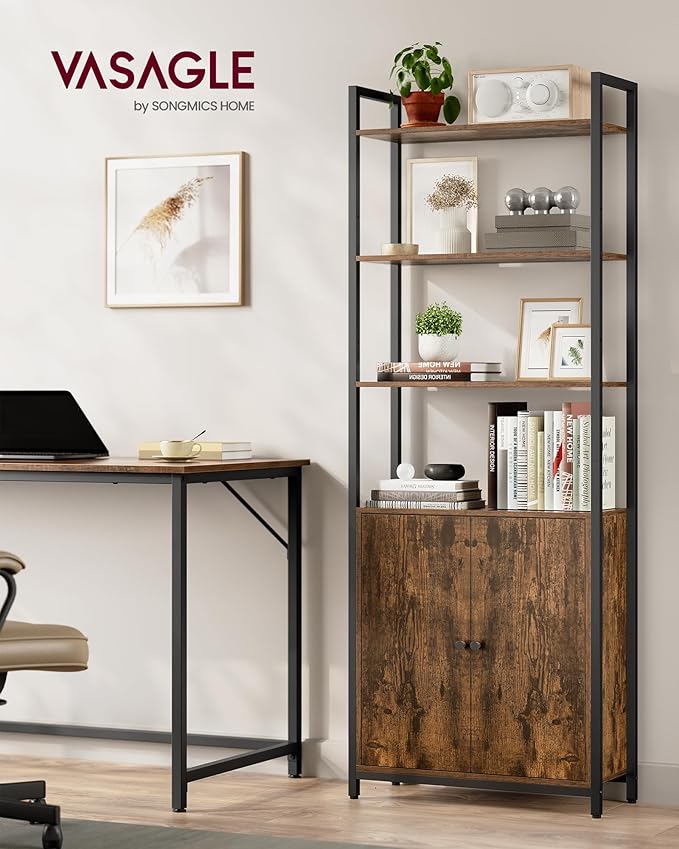 VASAGLE 6-Tier Bookshelf, Tall Bookcase with Cabinet, Steel Frame, Adjustable Shelves, 9.4 x 23.6 x 62.8 Inches, Living Room Bedroom, Rustic Brown and Ink Black ULLS133K01