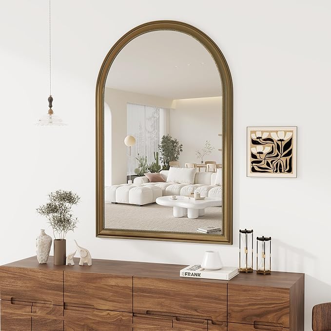 Axeman 32x48 Arched Wall Mirror, Decorative Bathroom Mirror, Traditional Vintage Wall Mounted Mirror with Beaded Frame for Accent Living Room Vanity Bedroom Entryway, Gold