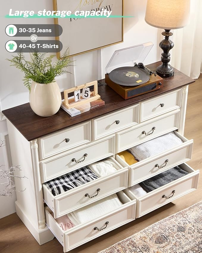 Farmhouse 9 Drawers Dresser for Bedroom with Charging Station, 54" Wide Wood Country Rustic Storage Dressers Organizer, Vintage Design Chest of Drawers TV Stand, Antique White