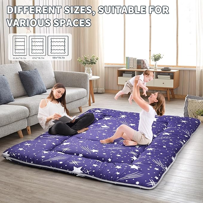 Japanese Floor Mattress,4" Thicken Japanese Floor Sleeping Pad Foldable,Futon Mattress Suitable for Camping and Guest Room (Blue, Twin (80" x 36"))