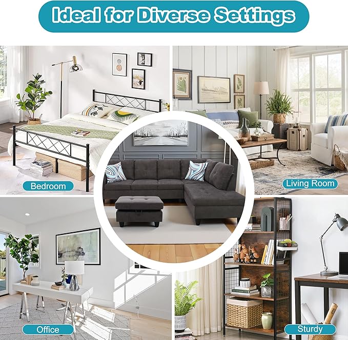 Couches for Living Room Modern L Shaped Couch Comfy Fluffy Fabric 3 Pieces Sectional Sofa with Chaise, Ottoman with Storage for Office and Small Apartment, Dark Brown