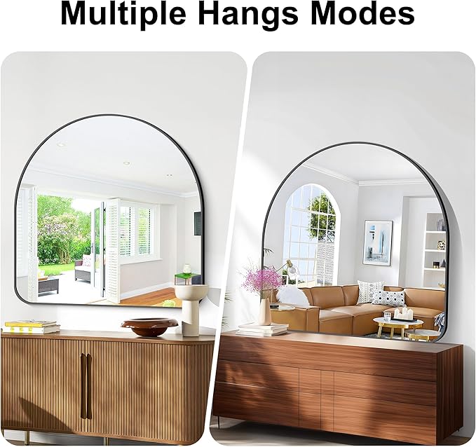 Arched Bathroom Mirror, 45"x45" Black Arched Mirror for Bathroom, Wall Mounted Mirror, Black Vanity Wall Mirror Metal Frame for Bedroom, Entryway, Living Room, Hanging or Leaning Against Wall