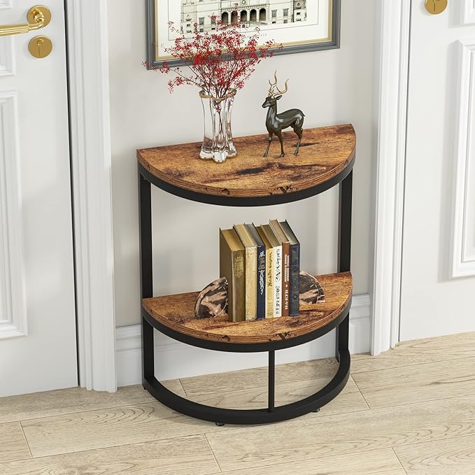 Tribesigns End Table Semi Circle, Small Half Round Side Table with Storage Shelf, Wood Accent Table Slim C Table for Sofa Couch, Living Room, Bedroom, Easy Assembly (Rustic Brown & Black, 2-Tier)