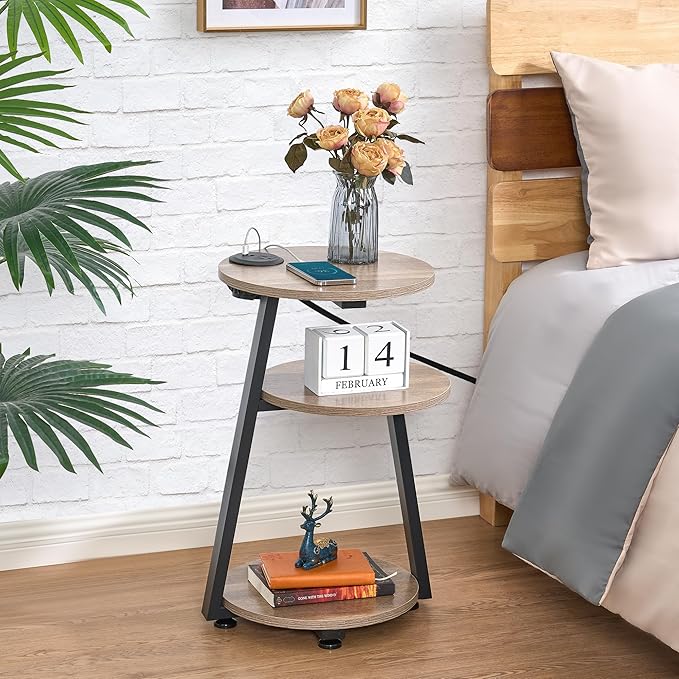 BEWISHOME Round End Table with Charging Station, Side Accent Table with 3-Tier Shelves, Small Couch Table for Living Room Greige KTZ51G