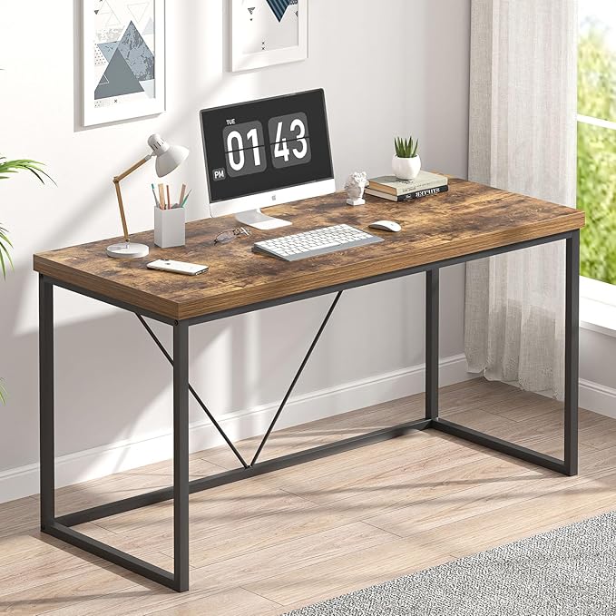 EXCEFUR Industrial Computer Desk, Wood and Metal Home Office Desk, Writing Study Work PC Table for Living Room Bedroom, Rustic Brown, 53 inch