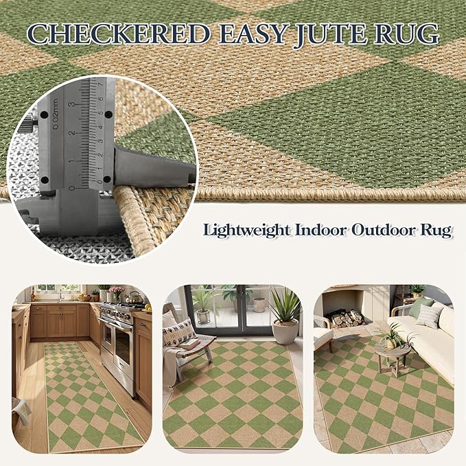 Lahome Green Checkered Easy Jute Rug, 3x5 Washable Outdoor Rug Neutral Rug for Entryway, Checkerboard Non Slip Non Shedding Floor Carpet for Living Room Front Door Porch