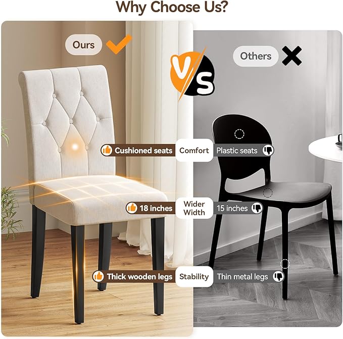 Upholstered Dining Chairs Set of 6, Button Tufted Parsons Dining Chair with Solid Wood Legs, Modern Fabric Side Chair for Dining Room/Kitchen/Restaurant/Hotel- White