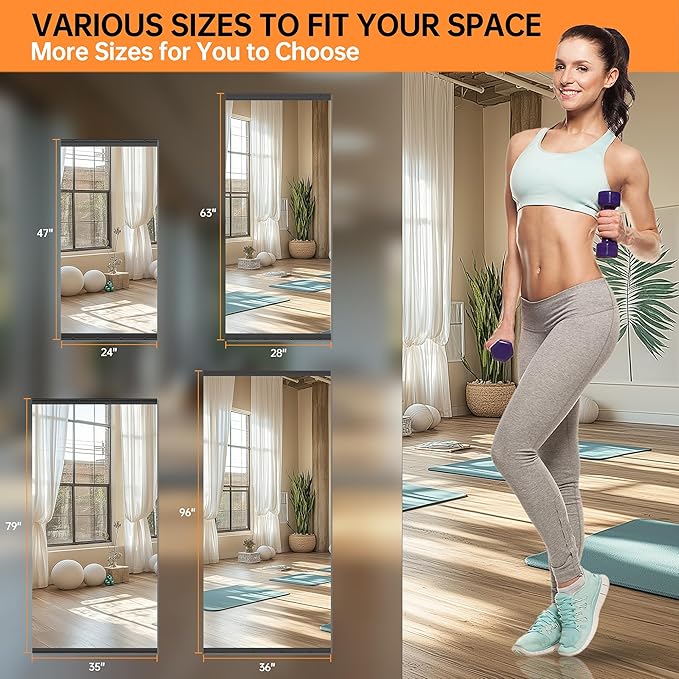 Hasipu 2 Pcs 79''x35'' Home Gym Mirror Large Full Length Wall Mounted Full Body Mirror for Yoga Dance Fitness Exercise Studio Bedroom Garage, Frameless Tempered Glass Workout Mirrors Black Rectangular