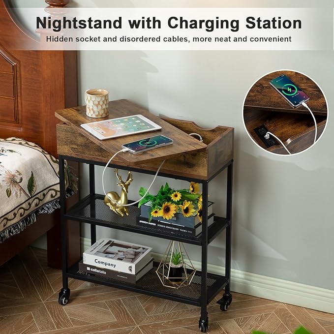 Hadulcet End Table with Charging Station, Couch End Tables Rotating Top Skinny Nightstand with Outlet for Living Room Bedroom Rustic Brown