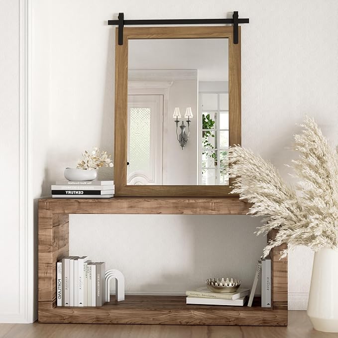 Farmhouse Wall Mirror, Rustic Wood Frame Bathroom Mirror Barn Door Inspired Decorative Vanity Dress Mirrors for Living Room Entryway, 24x36 INCH Brown