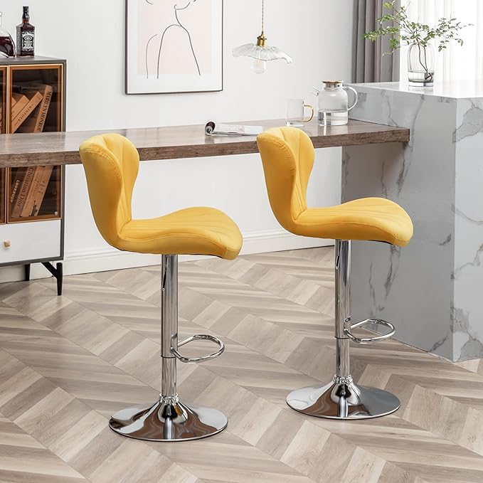 Roundhill Furniture Ellston Velvet Adjustable Swivel Barstools in Yellow, Set of 2