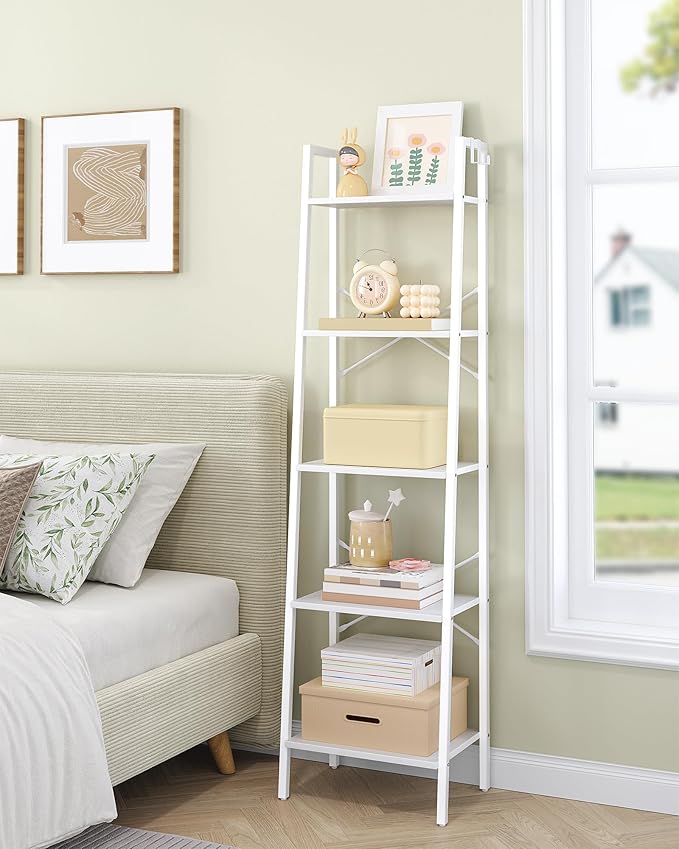 Ladder Shelf, Bookshelf Bookcase, Freestanding Corner Storage Shelve with 2 Hooks for Home Office, Living Room, Kitchen, Bedroom, Industrial, 5-Tier White BC19213W