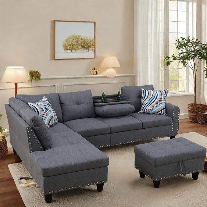 L Shaped Sectional Couch with Otttoman, 97" Leather Sectional Sofa for Living Room Modular Couches with Cup Holders for Bedroom, Apartments, Grey