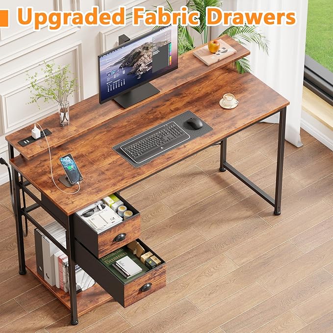 55 Inch Computer Desk with Power Outlets & LED Lights, Home Office Desk with Storage Drawers and Monitor Stand, Writing Work Study Desk for Bedroom Living Room
