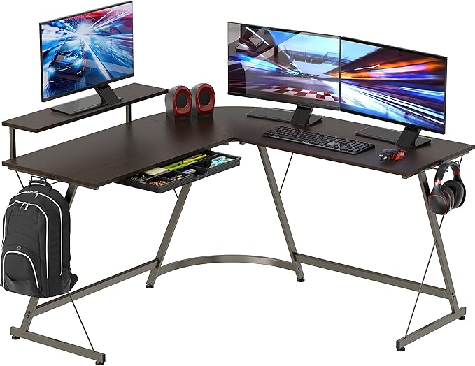 SHW 51 x 51 Inches Vista L-Shaped Desk with Monitor Stand and Drawer, Espresso
