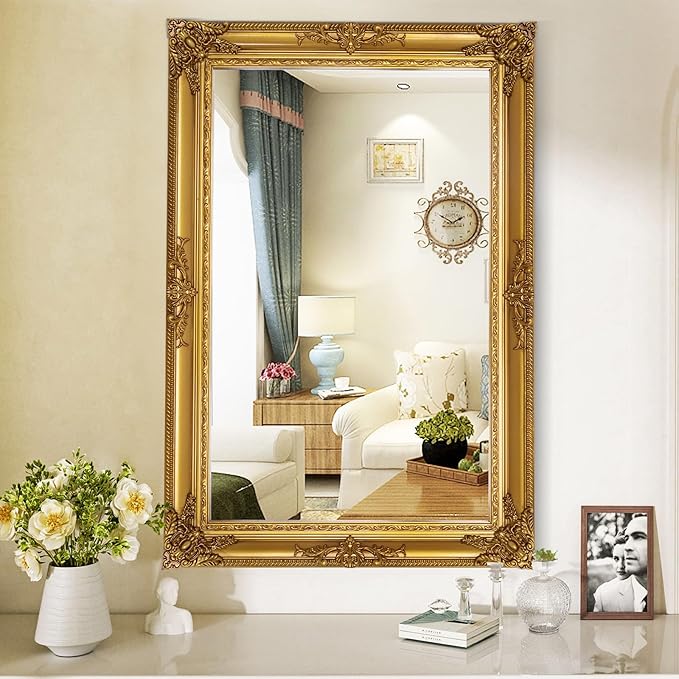 Gold Vintage Mirror, 37.4" x 25.6" Traditional Antique Gold Wall Mirrors with Ornate Baroque Wood Frame, Living Room Decorative Mirrors for Wall Decor