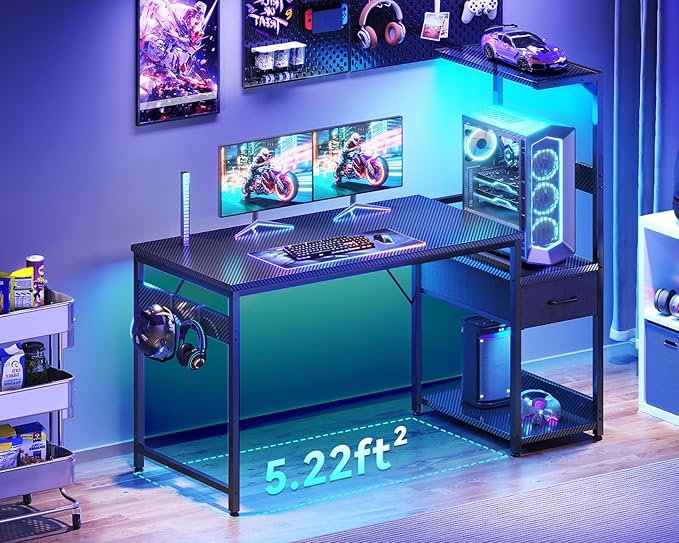 Casaottima 48 Inch Gaming Desk with Storage & LED Lights, Reversible Computer Desk with Display Shelves & Fabric Drawer, Modern Gamer Desk Table with Side Headphone Hook, Carbon Fiber Black