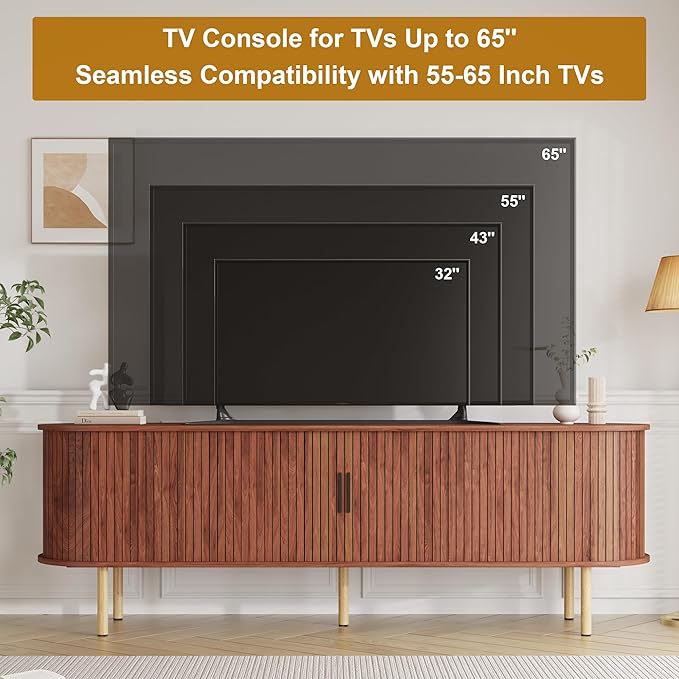 70.1" TV Stand, Modern TV Console Table with Storage Compartment and Sliding Door, Gaming Entertainment Center with Cabinet for Living Room, Bedroom, Office, Walnut