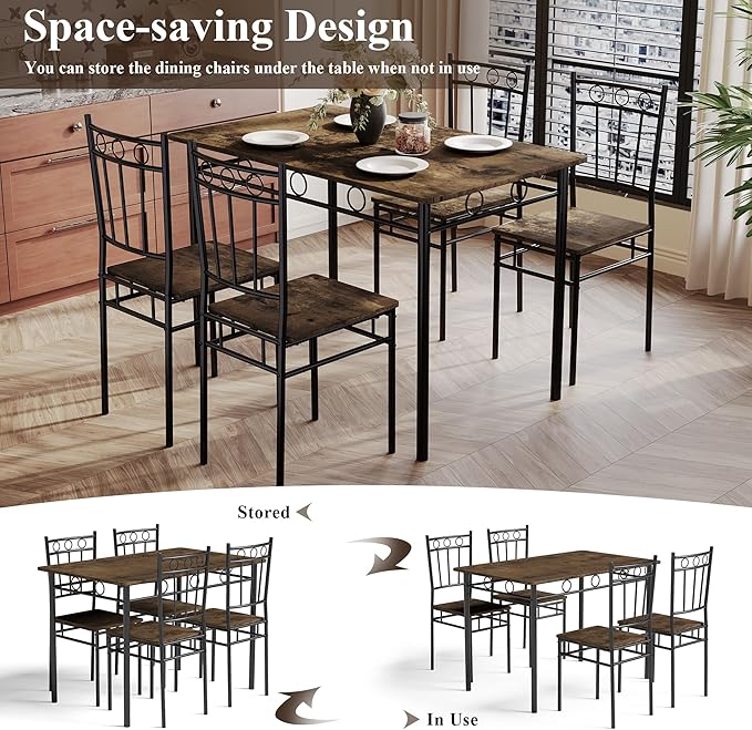 5 Piece Dining Table Set, Modern Metal&Wood Kitchen Dinner Table with 4 Chairs, Dining Room Table Sets for Small Spaces, Brown