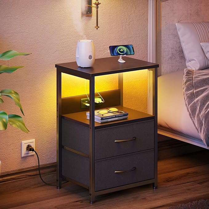 Seventable Nightstand with Charging Station, Bedside Table with LED Lights, Night Stand with 2 Fabric Drawers, 3-Tier Storage End Table for Bedroom, Black