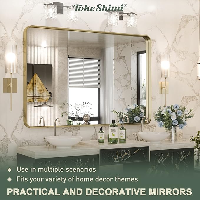 TokeShimi Gold Bathroom Mirror for Wall 40 x 30 Inch Rounded Corner Rectangle in Aluminum Alloy Metal Frame Deep Set Design Hangs Horizontal Or Vertical Farmhouse