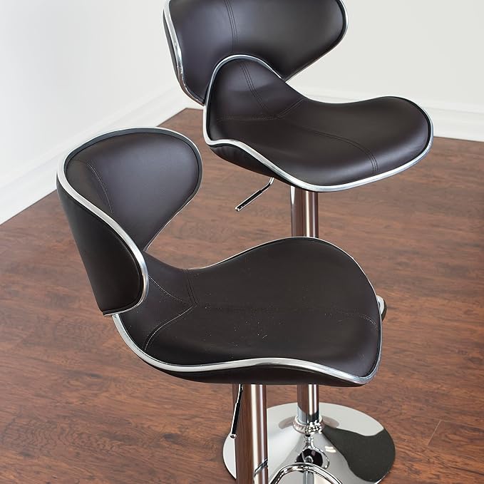 Roundhill Furniture Masaccio Cushioned Leatherette Upholstery Airlift Adjustable Swivel Barstool with Chrome Base, Set of 2, Brown