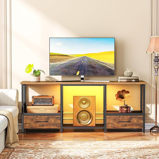 HOOBRO LED TV Stand with Storage, LED Entertainment Center with Open Shelves and Drawer, Fits TVs up to 55", Television Stand for Living Room, Bedroom, Rustic Brown and Black BF123DDS01
