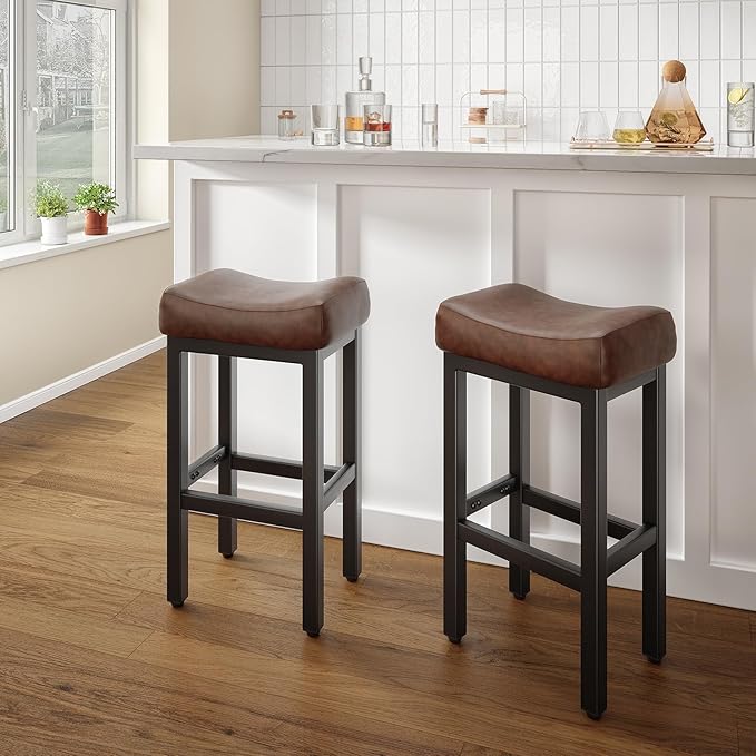 29 Inch Bar Height Bar Stools Set of 2, 29" Barstools for Kitchen Island Counter, Backless Bonded Leather Bar Height Stools with Thick Saddle Seats & Heavy Duty Metal Base, Easy Assembly, Brown/Black
