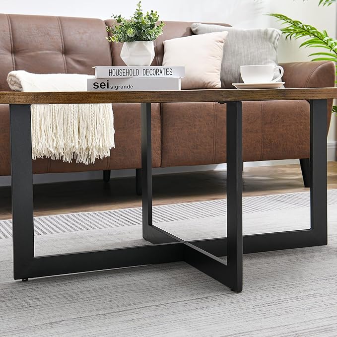 Solid Wood Oval Coffee Table with Cross Metal Legs, 47.9" Industrail Bar Cocktail Table for Living Room Kitchen Office Sofa Table Bristro Table for Cafe/Bar Rustic Brown 1831